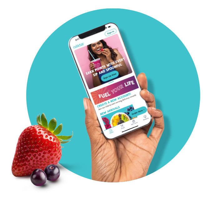 Strawberry, blueberries and the Nekter App shown on a phone screen
