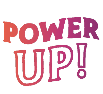 Colorful 'POWER UP!' text on a white background