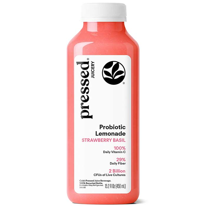 Bottle of pressed Juicery Probiotic Lemonade Strawberry Basil on a white background